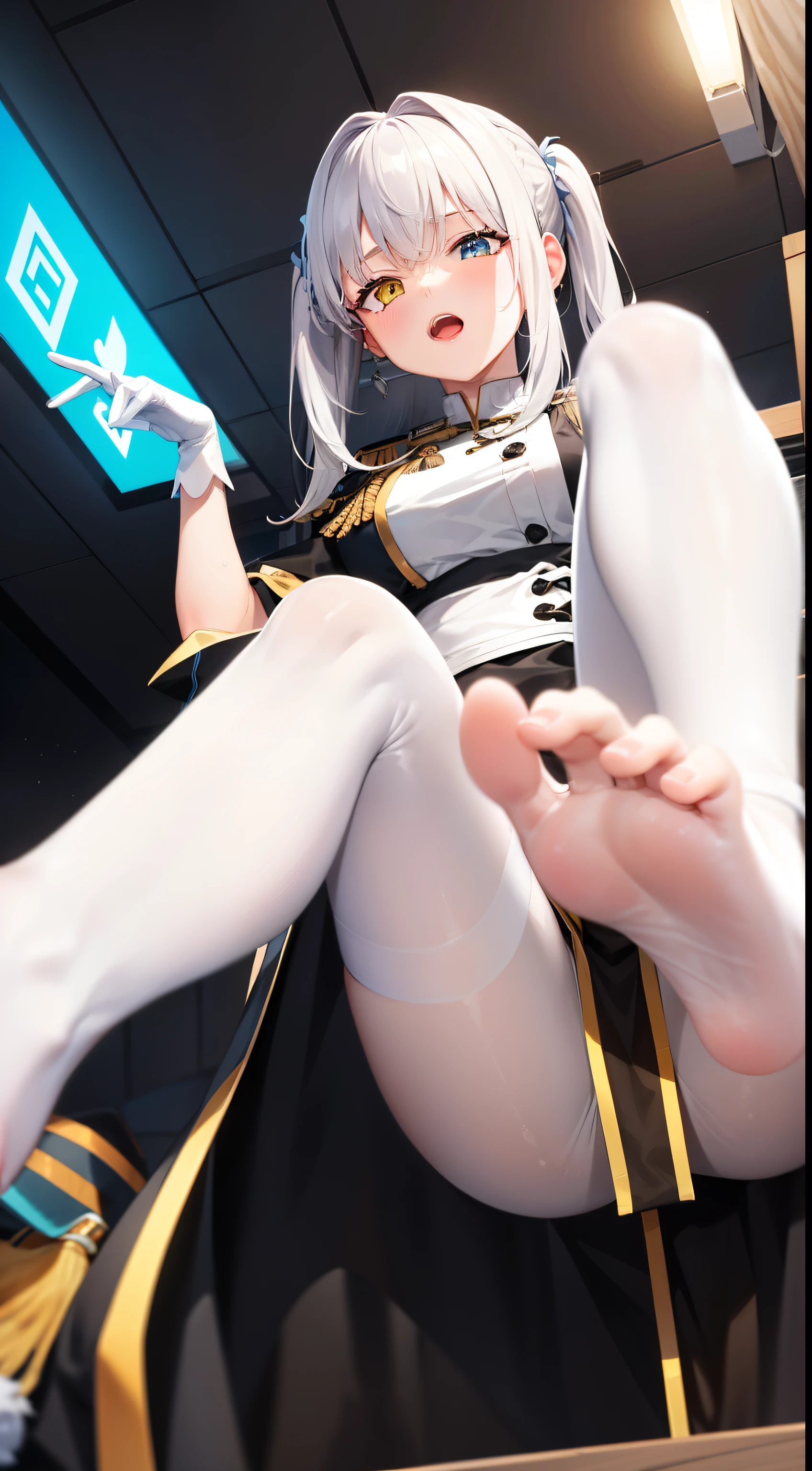1 Girl,Kagura Mia ,white hair,Heterochromia,Half closed eyes,(Giddenmei 1.5),short sleeve dress,Shawl coat,military uniform,Puff sleeves,Cloth bag,Gloves,White pantyhose,double braid hair,2legs,nuclear_9, snuclear_8_up, snuclear_7_up, snuclear_6_up, snuclear_5_up, snuclear_4_up, smoke, Foot focus, foot, foot perfect foot, perfect foot, best foot, stinky foot, Sexy pose looking at the audience, Solitary, foot操, permanent, View, foot, From below, Foot focus，trampling，Step on the screen