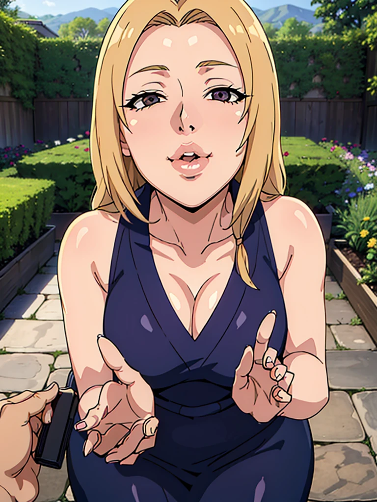 (POV Kiss | Peck | Thick Lips : 1.3), blue dress, garden background, tsunade, anime cels style, best quality, high resolution, 1girl, (large breasts:1.2), beautiful face, long hair, blonde hair,, ((hair over one eye)), lipstick, cowboy shot, light smile