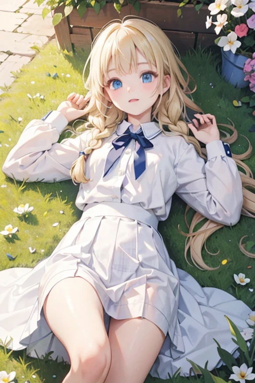 masterpiece, highest quality, High resolution, One 、blue eyes、
Blonde, Braid、uniform, White shirt, Checked skirt, White panties、garden、Lying on the grass