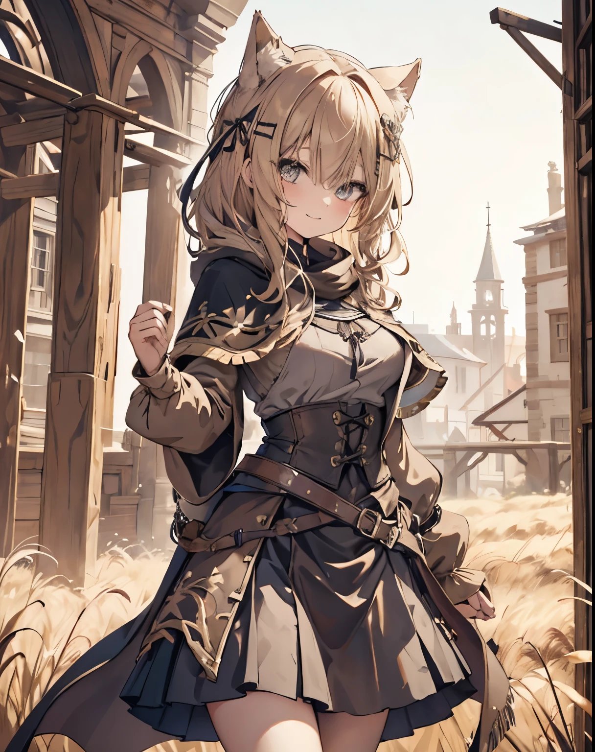 masterpiece,1girl, sparrow, a blonde haired girl, wearing a medieval european villager clothes, curly medium hair, messy hair, black skirt, short brown capelet with furry hoody, slim body, big breasts, she close her left eye, shirt ornament, ****ppai, hair ribbon, seductive smile, beautiful breasts, rounded breasts, crimson eyes, flared skirt, plaid skirt, she stands in the wheat field, iochi mari, cat ears