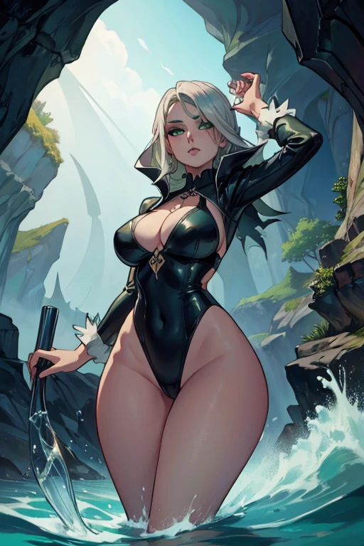 A young silver haired woman with green eyes with an hourglass figure in a gothic one piece swimsuit is exploring a sea cave