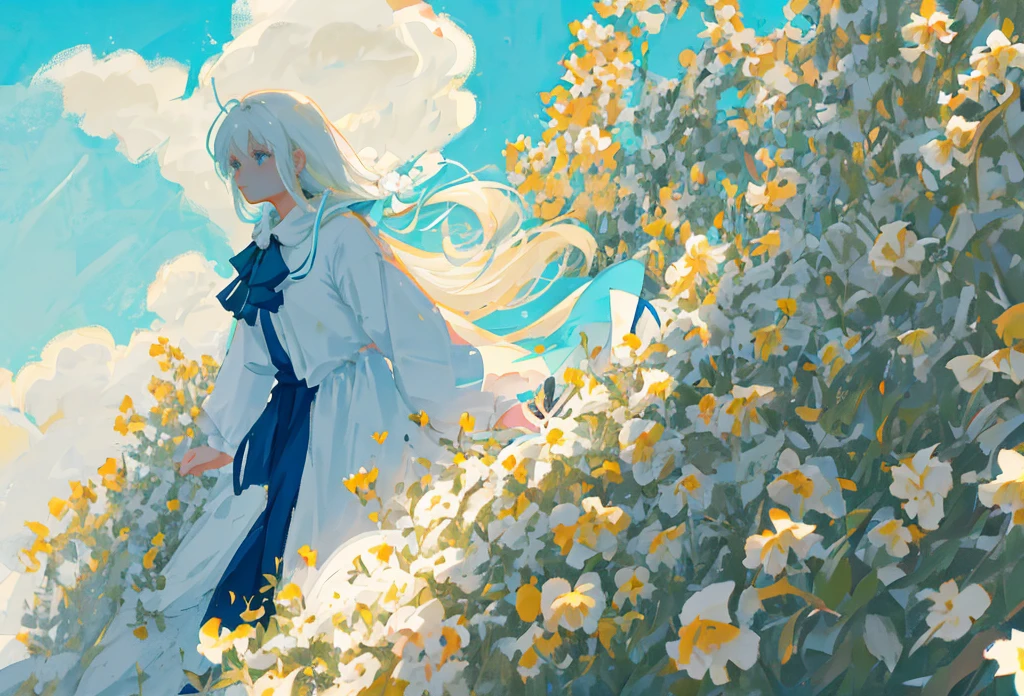 Gentle breeze：A woman of pure whiteness，Long hair flutters in the wind，A gentle breeze brushed her cheeks，Her eyes were filled with serenity and thoughtfulness