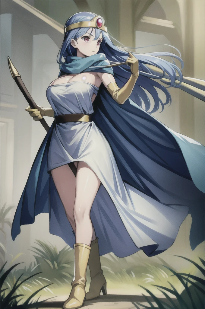 masterpiece, highest quality, Very detailed, figure, Sage_(dq3), One girl, (holding staff, staff:1.3), alone, Long Hair, Blue Hair, Circlet, Red eyes, Large Breasts, Yellow gloves, White Dress, belt, Cape, boots, Cleavage, Exposing shoulders, underwear, Are standing, whole body, Grass, Wind lift, Simple Background, White Background