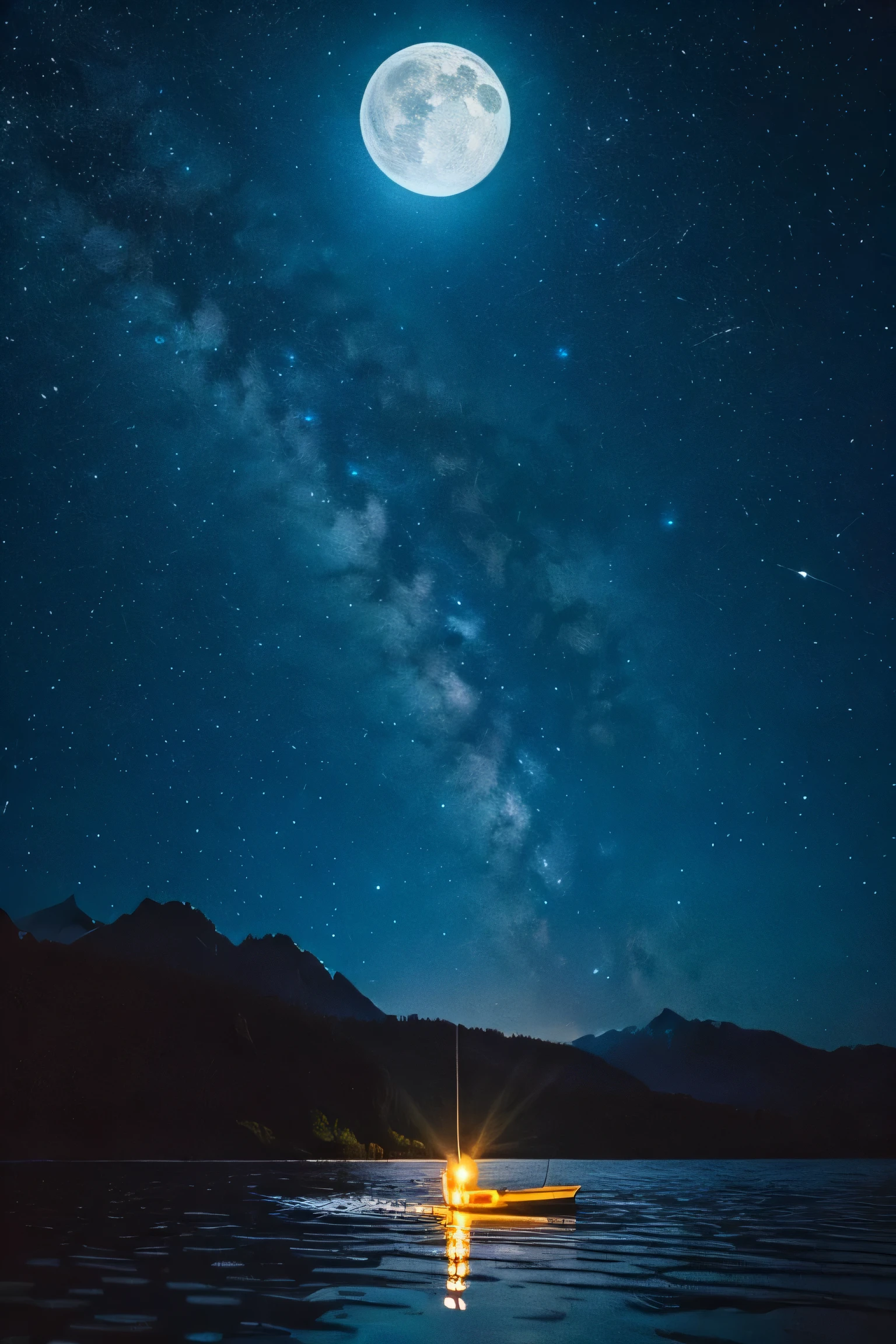 A silver moon floating in a beautiful night sky、Masterpiece、View only