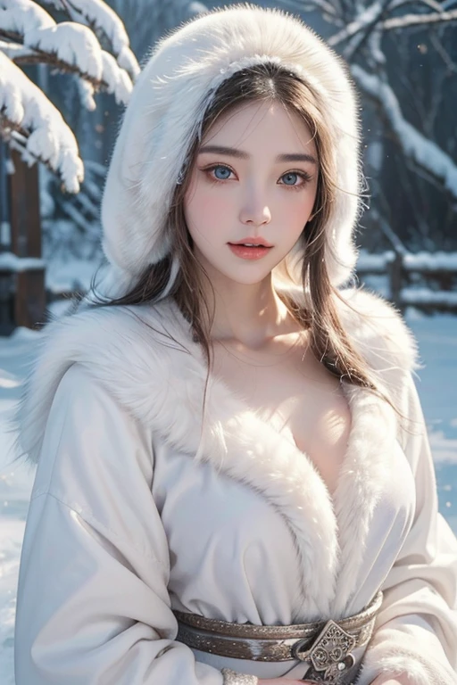 1 girl and 1 wolf, white wolf beside,best quality, realistic, depth of field, natural lighting, daytime, alluring, beautiful face, clean, pure face, pale skin, cute, short white hair, snowing hard, snow mountain , modest breast, full body, ((fur ancient traditional eskimo costume ,beautfully face)),