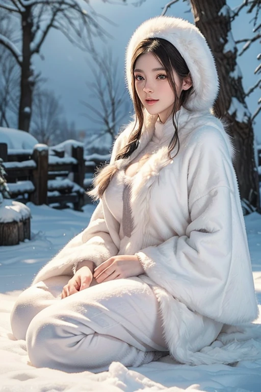 1 girl and 1 wolf, white wolf beside,best quality, realistic, depth of field, natural lighting, daytime, alluring, beautiful face, clean, pure face, pale skin, cute, short white hair, snowing hard, snow mountain , modest breast, full body, ((fur ancient traditional eskimo costume ,beautfully face)),