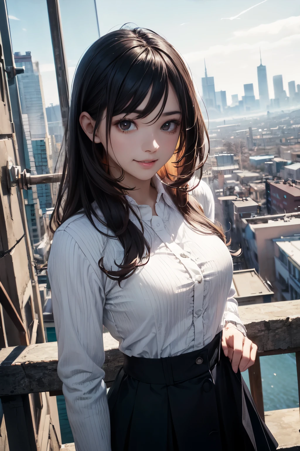 very cute and beautiful girl,(highly detailed beautiful face),
(smile),happy,looking at viewer,long sleeve white shirt,cowboy shot,(darkblue high-waist flare skirt),
port town,slope way to harbor,cityscape overview,from hilltop,black hair,
(best quality,masterpiece),absurdres,highres,ultra-detailed,extremely detailed,32k,8k resolution,
intricate details,cinematic scene,detailed background,solo,dynamic angle,
(realistic,photorealistic,raw photo),perfect hands,aesthetic darkbrown eyes,