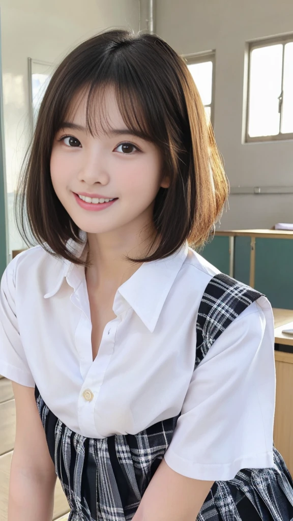 (best quality,4k,8k,highres,masterpiece:1.5),ultra-detailed,(realistic,photorealistic,photo-realistic:1.37) portrait,(baby face Japanese girl,Incredibly Ultra Slim body:2.0),(cute breasts:1.25),(Close-up of her eyes:2.0),(striking features,ultra-cute and idol-like big smile:1.5),(distinctly expressive ultra beautiful eyes:2.0),beautifully shaped eyebrows,captivating gaze,delicately curved pale pink lips,pink lips,natural rosy cheeks,vibrant charm,flawless and fair skin,subtle shading,realistic rendering,(She is wearing a summer junior high school uniform:1.5),(White shirt:1.5),(black hair:1.5),(ultra-short hair:1.5),gently swaying,golden rays of sunlight gently illuminating the scene,elegant and graceful posture,creating a tranquil and serene atmosphere,ecstasy and orgasm with an erotic smile on her face, classroom