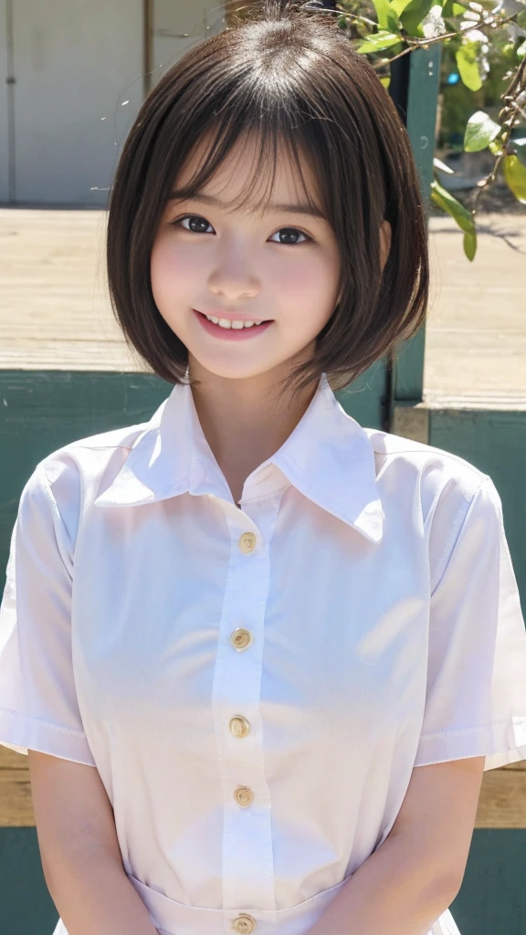 (best quality,4k,8k,highres,masterpiece:1.5),ultra-detailed,(realistic,photorealistic,photo-realistic:1.37) portrait,(baby face Japanese girl,Incredibly Ultra Slim body:2.0),(cute breasts:1.25),(Close-up of her eyes:2.0),(striking features,ultra-cute and idol-like big smile:1.5),(distinctly expressive ultra beautiful eyes:2.0),beautifully shaped eyebrows,captivating gaze,delicately curved pale pink lips,pink lips,natural rosy cheeks,vibrant charm,flawless and fair skin,subtle shading,realistic rendering,(She is wearing a summer junior high school uniform:1.5),(White shirt:1.5),(black hair:1.5),(ultra-short hair:1.5),gently swaying,golden rays of sunlight gently illuminating the scene,elegant and graceful posture,creating a tranquil and serene atmosphere,ecstasy and orgasm with an erotic smile on her face, classroom