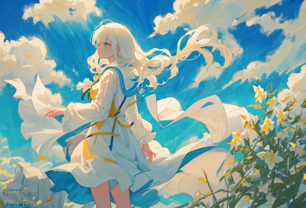 Gentle breeze：A woman of pure whiteness，Long hair flutters in the wind，A gentle breeze brushed her cheeks，Her eyes were filled with serenity and thoughtfulness