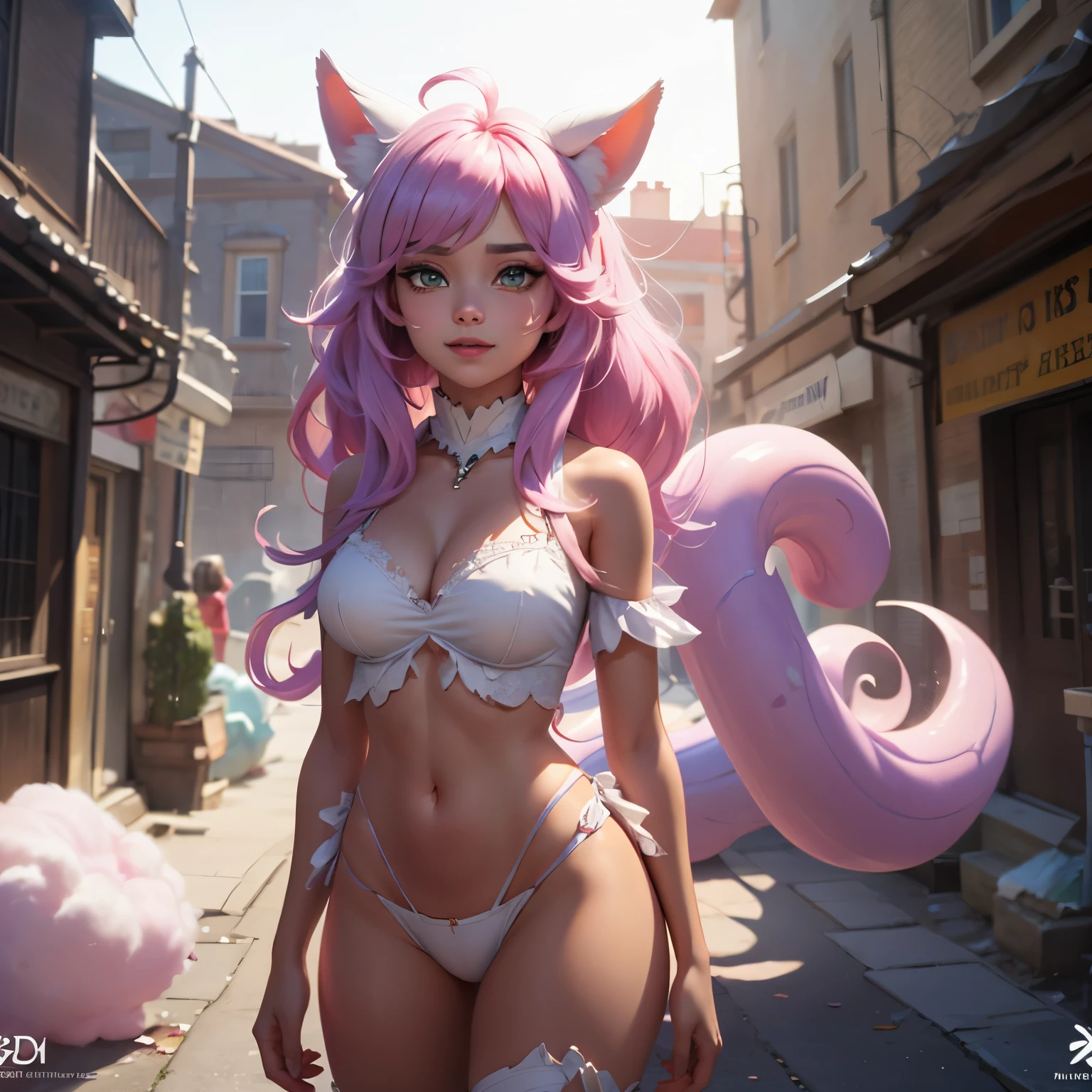 A pink-haired、kawaii、Light pink color、Cat's ears、length hair、small tits、Smaller chest、Pink 、M-shaped legs、opens legs、nudde、barechested、Mare