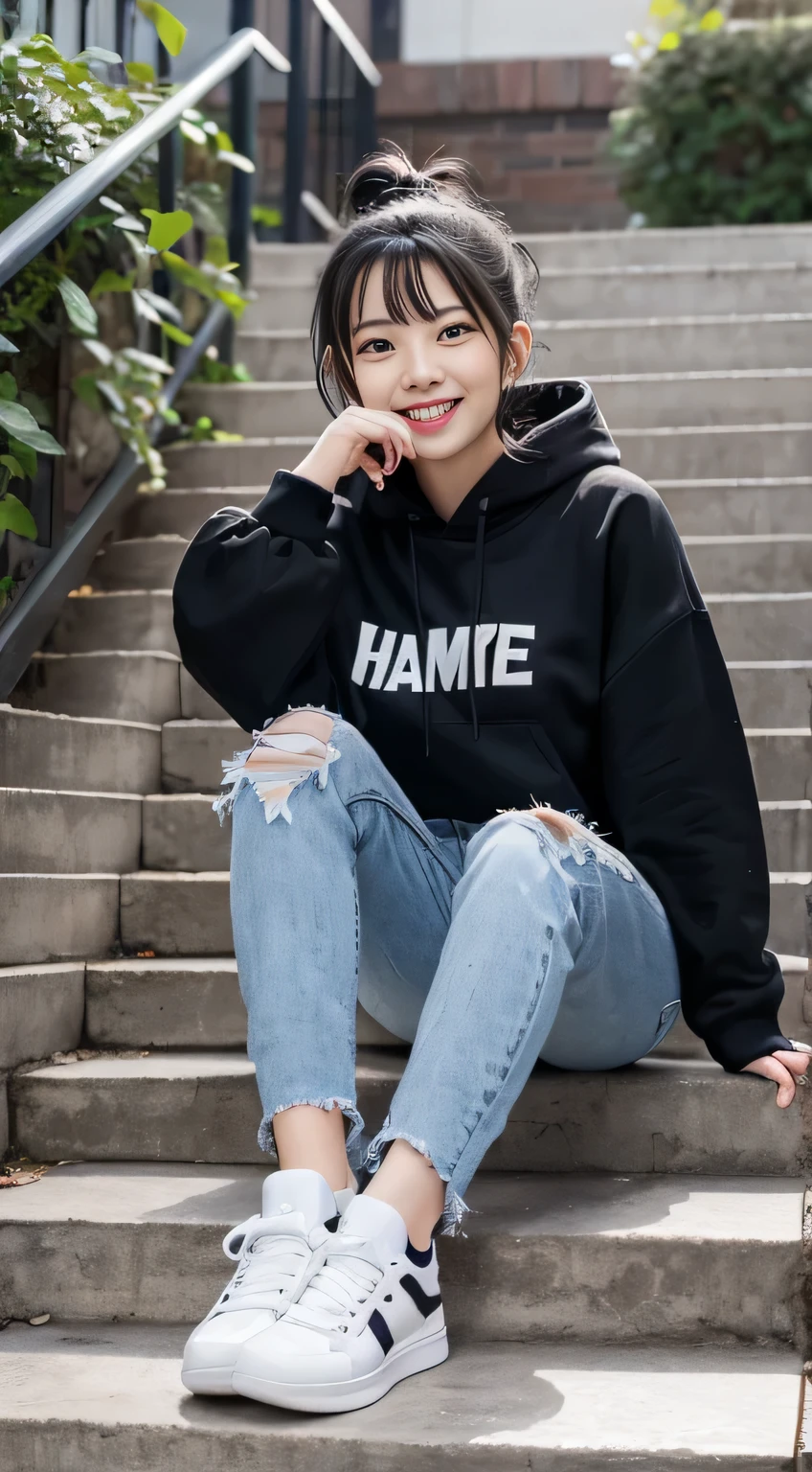 highest quality, Realistic, Very detailed, Finer details, High resolution, 8k wallpaper, One beautiful woman,Sit on the stairs、（Wear black socks）smile、（Beautiful teeth alignment、）（Gums are visible） Oversized hoodie, Skinny jeans,（ Black sneakers）、Black Hair、 Beautiful Bangs、ear piercing、Perfect dynamic composition, Beautiful and detailed, Full Body Shot, A big smile hair band
