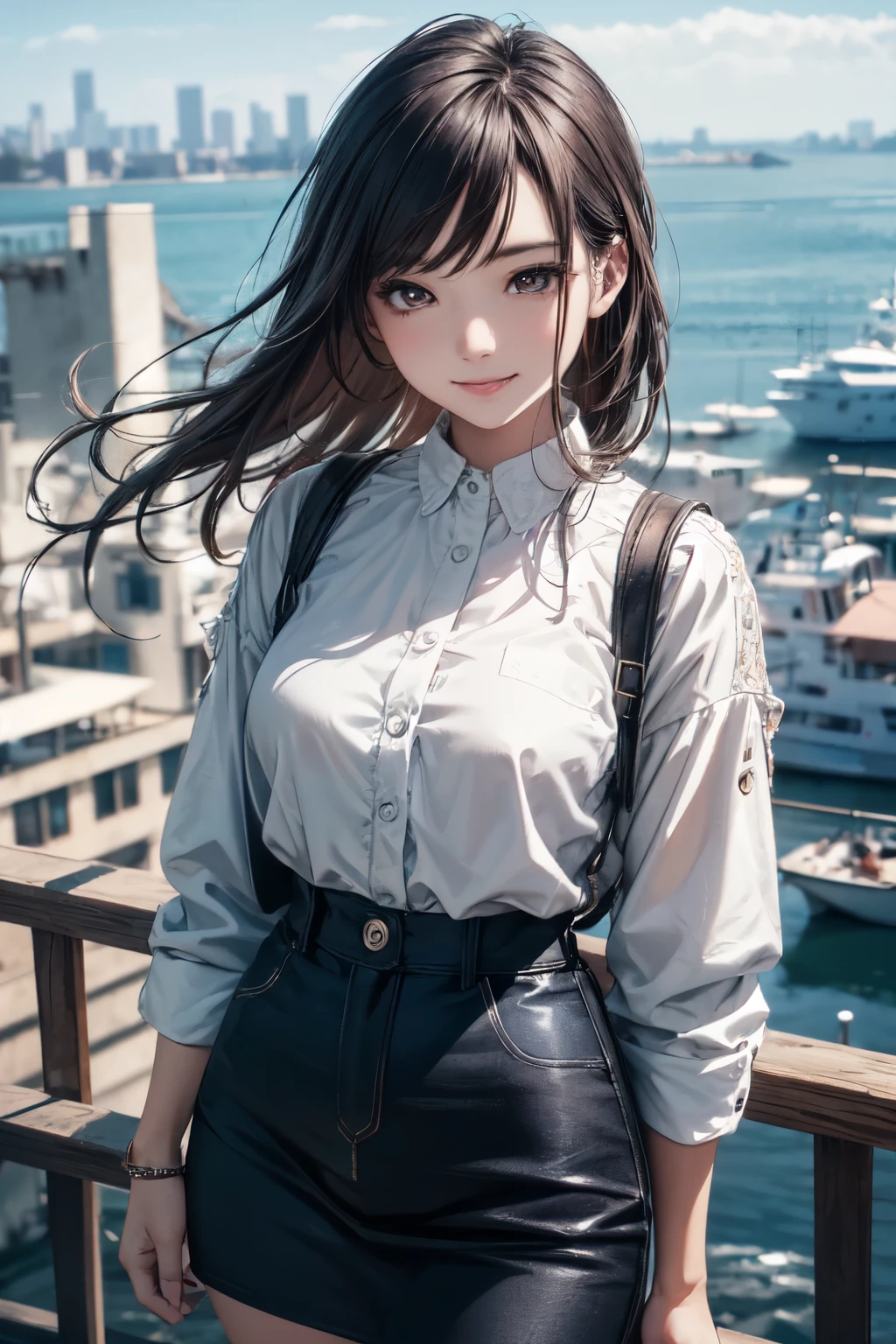 very cute and beautiful girl,(highly detailed beautiful face),
(smile),happy,looking at viewer,long sleeve white shirt,cowboy shot,(darkblue high-waist flare skirt),
port town,slope way to harbor,cityscape overview,from hilltop,black hair,
(best quality,masterpiece),absurdres,highres,ultra-detailed,extremely detailed,32k,8k resolution,
intricate details,cinematic scene,detailed background,solo,dynamic angle,
(realistic,photorealistic,raw photo),perfect hands,aesthetic darkbrown eyes,