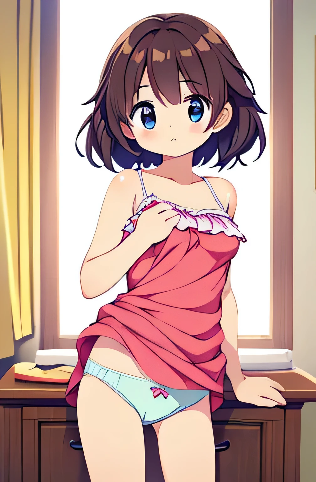 5 year old girl, in underwear, small breasts, cotton panties, fabric realistic, hair breasts, slip