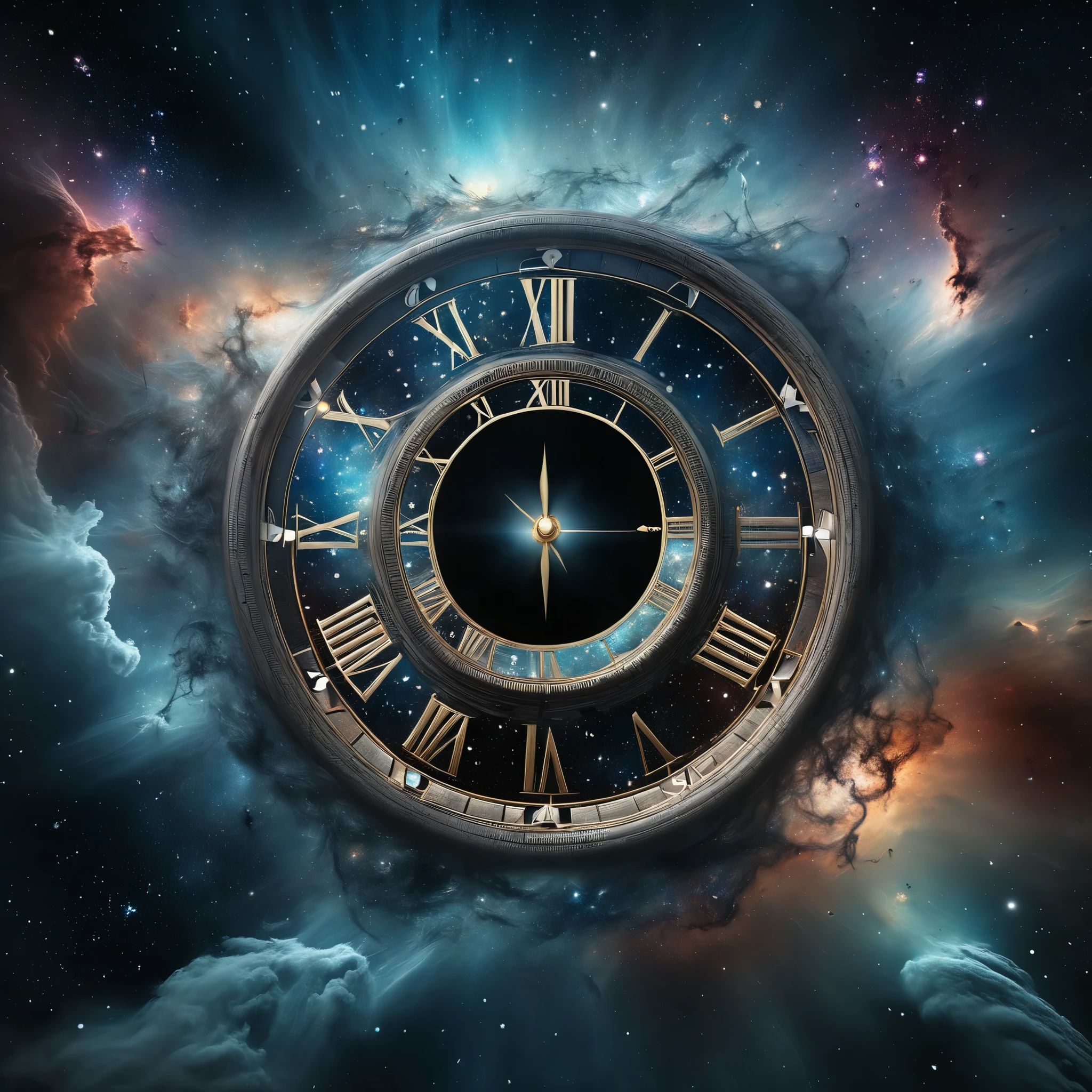 A breathtaking, high-resolution digital artwork depicting a vast, galactic clock face, with stars and nebulae as its numerals and a massive, central black hole as its center. The image conveys the immense scale of cosmic time.