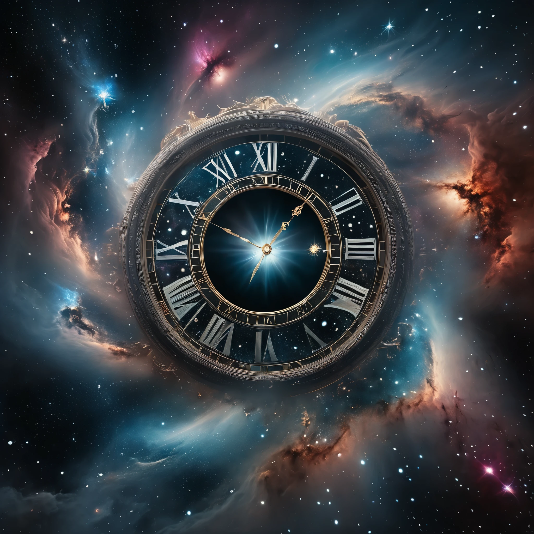 A breathtaking, high-resolution digital artwork depicting a vast, galactic clock face, with stars and nebulae as its numerals and a massive, central black hole as its center. The image conveys the immense scale of cosmic time.