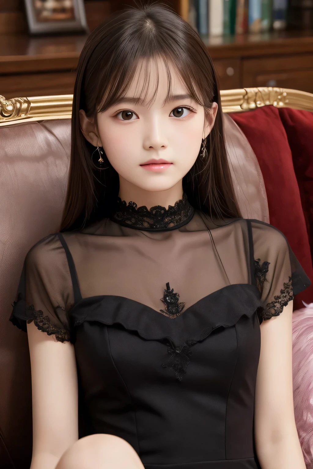 ((highest quality)), ((Photo quality)), (detailed), Perfect Face,11 years old,sofa,Thin,Black Dress