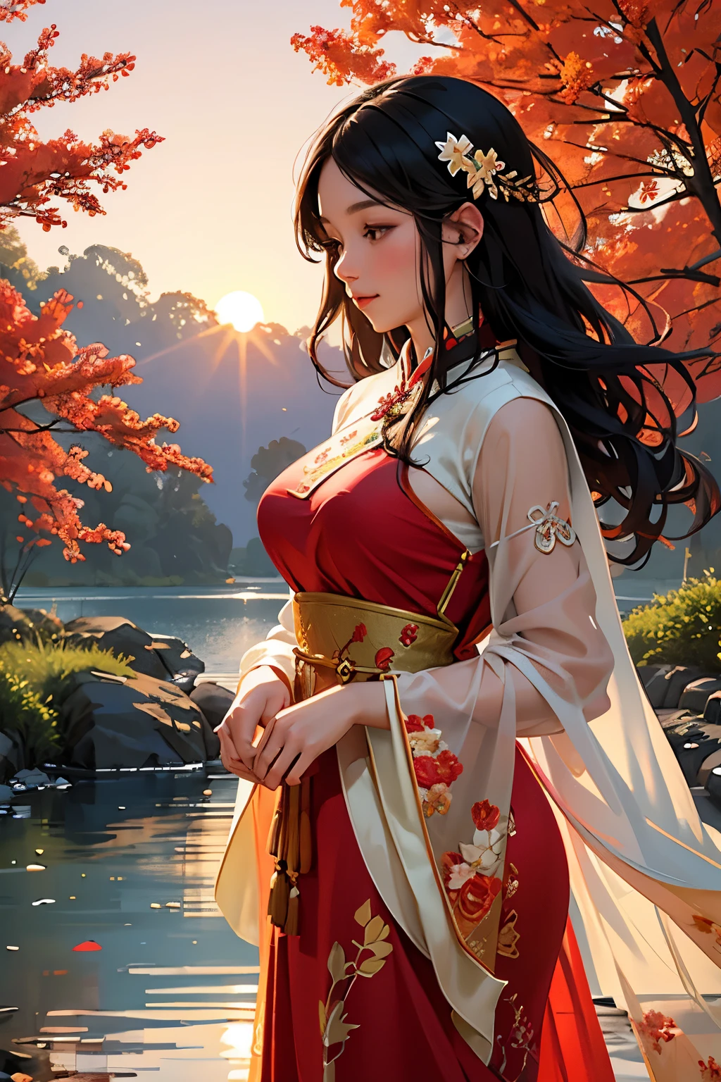 set against the backdrop of a stunning sunset, with warm hues of orange and pink casting lovely reflections on the glassy surface of a calm lake below. The woman wears an elegant traditional Chinese dress with flowers and delicate patterns adorning it, adding to the charm and beauty of the painting. Her long, silky hair flows freely in the wind, catching the soft glow of the setting sun. The scene is completed by the gentle breeze that rustles the leaves of the surrounding trees, adding a sense of tranquility and peace. This enchanting masterpiece is truly a work of art, leaving the viewer in awe of its breathtaking beauty.