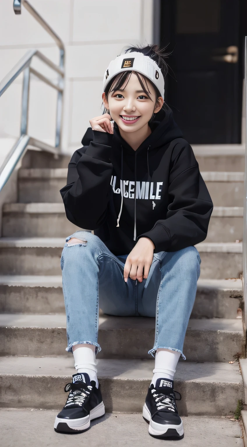 highest quality, Realistic, Very detailed, Finer details, High resolution, 8k wallpaper, One beautiful woman,Sit on the stairs、(Wear black socks)smile、(Beautiful teeth alignment、)(Gums are visible) Oversized hoodie, Skinny jeans,( Black sneakers)、Black Hair、 Beautiful Bangs、ear piercing、Perfect dynamic composition, Beautiful and detailed, Full Body Shot, A big smile black socks