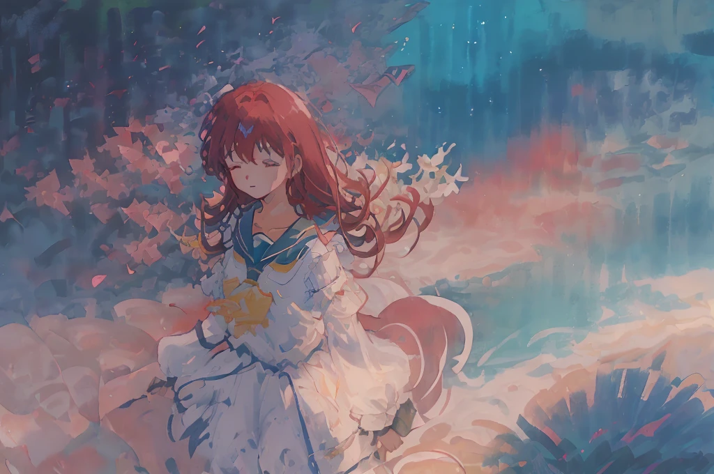 watercolor paiting、Pale shades、Beautiful colors、parfect anatomy、cowboy shot、Girl Closing Her Eyes、Cute, obra de arte, melhor qualidade, high resolution, Serena \(Pokémon\), cabelo curto, olhos azuis, 1 garota, Sozinho, fita azul, eyelash, coxas pretas, neck ribbon, sem mangas, franja, clavicle, bare arms, vestido rosa, casaco vermelho, ao ar livre, de cima, campo, grama,