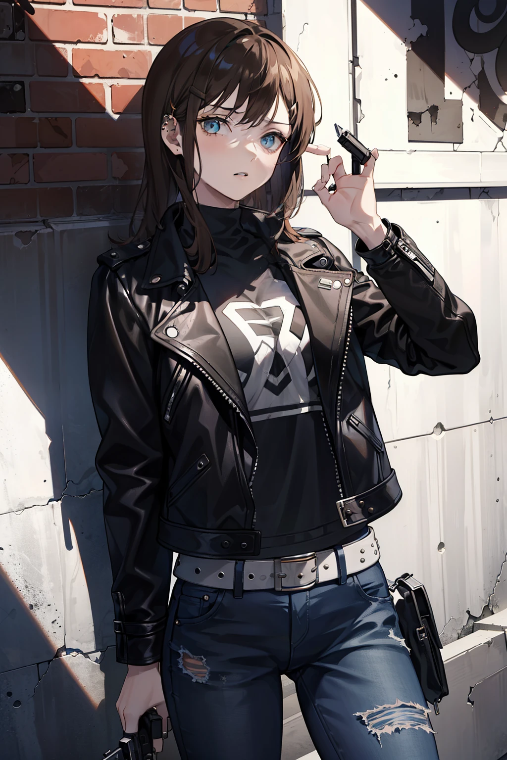 Picture prompt: A solo woman, clad in a stylish leather jacket and jeans, confidently holds a 9mm pistol in front of a grungy brick wallBackstory: The woman, with long, wavy brown hair and piercing blue eyes, exudes an aura of determination and fearlessness as she stares down the barrel of the pistol. The background is dark and moody, with the wall textured with grime and graffiti, adding to the atmosphere of danger and tension. The pistol is the centerpiece of the scene, its sleek black finish contrasting against the rough brick backdrop.
Details:
* Woman: solo, stylish leather jacket and jeans, long, wavy brown