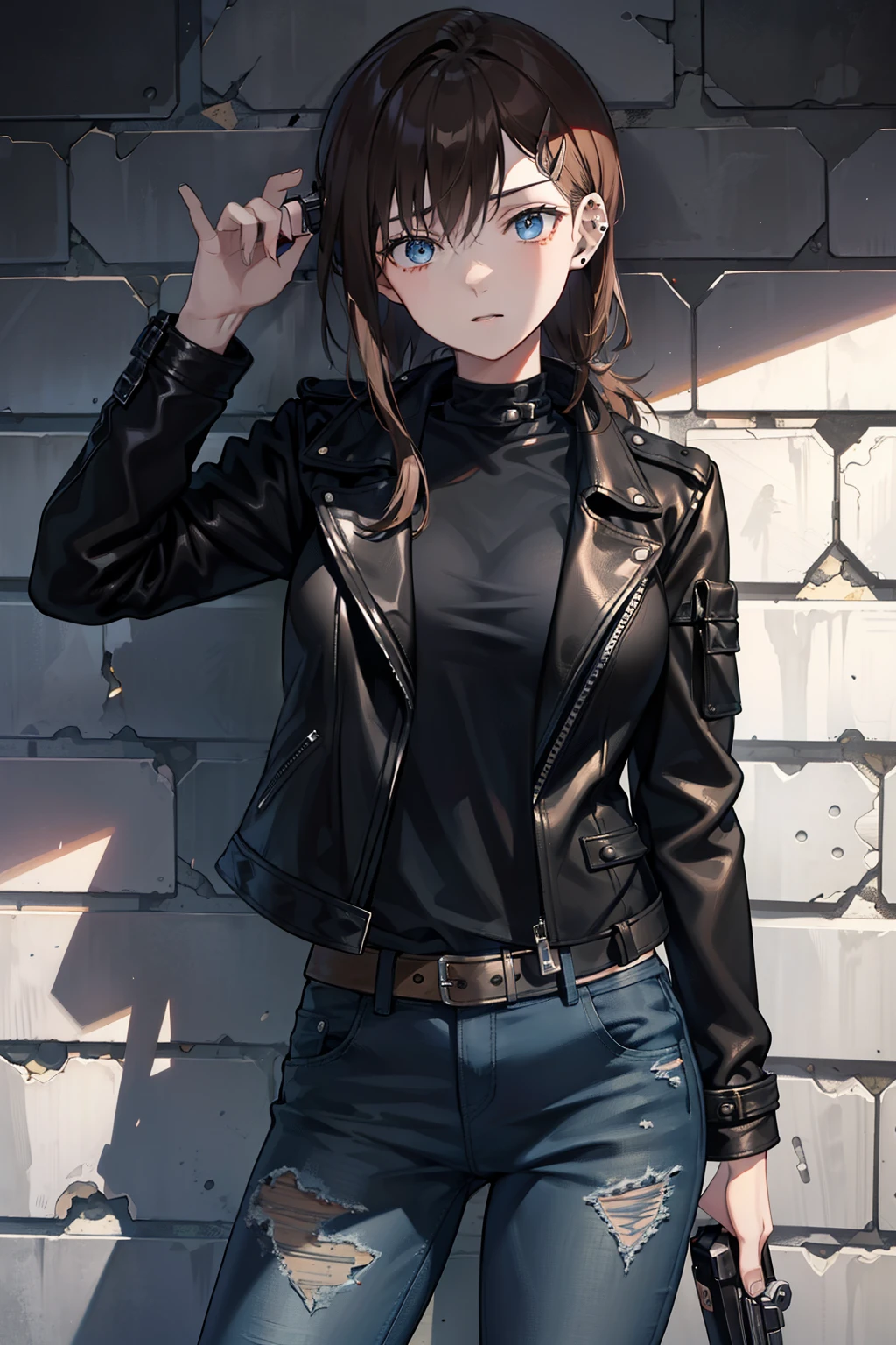 Picture prompt: A solo woman, clad in a stylish leather jacket and jeans, confidently holds a 9mm pistol in front of a grungy brick wallBackstory: The woman, with long, wavy brown hair and piercing blue eyes, exudes an aura of determination and fearlessness as she stares down the barrel of the pistol. The background is dark and moody, with the wall textured with grime and graffiti, adding to the atmosphere of danger and tension. The pistol is the centerpiece of the scene, its sleek black finish contrasting against the rough brick backdrop.
Details:
* Woman: solo, stylish leather jacket and jeans, long, wavy brown