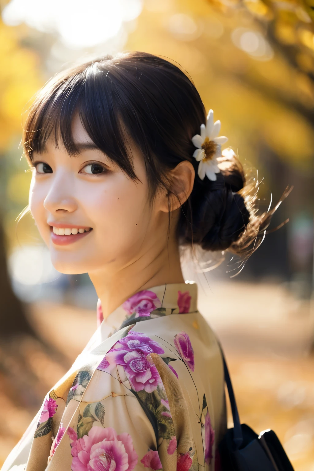(Realistic:1.3), Rembrandt Lighting, (masterpiece:1.2), (photoRealistic:1.2), (highest quality), (Detailed skin:1.3), (Intricate details), Ray Tracing,One girl, Japanese Girls, 21 years old, Detailed skin texture, (blush:0.5), Scattered beneath the surface, smile, Updo, bangs, Hair between the eyes, hair ornaments, kimono, Floral print, Wearing edgJF_kimono, seiza (Bright sunny day, Autumn scenery, Autumn Tree々and leaves, (It was transparent:1.2)