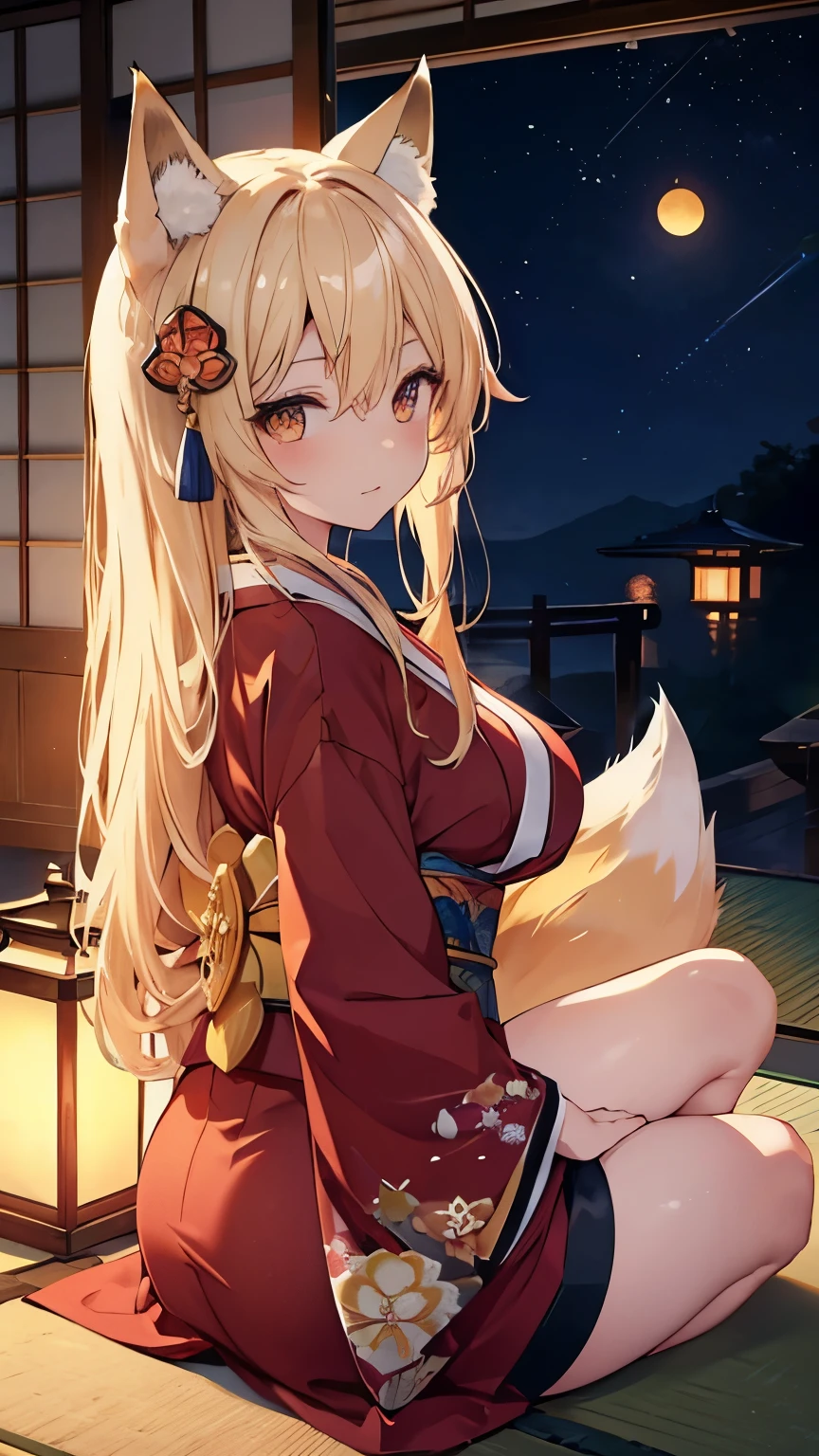 female up,Tatami room,Lantern,Moonlit Night,seiza,Toned body,Blonde,Long Hair,Golden Eyes,,Fox ears,Fox tail,Fox Mask,Large Breasts,Gorgeous kimono,hairpin