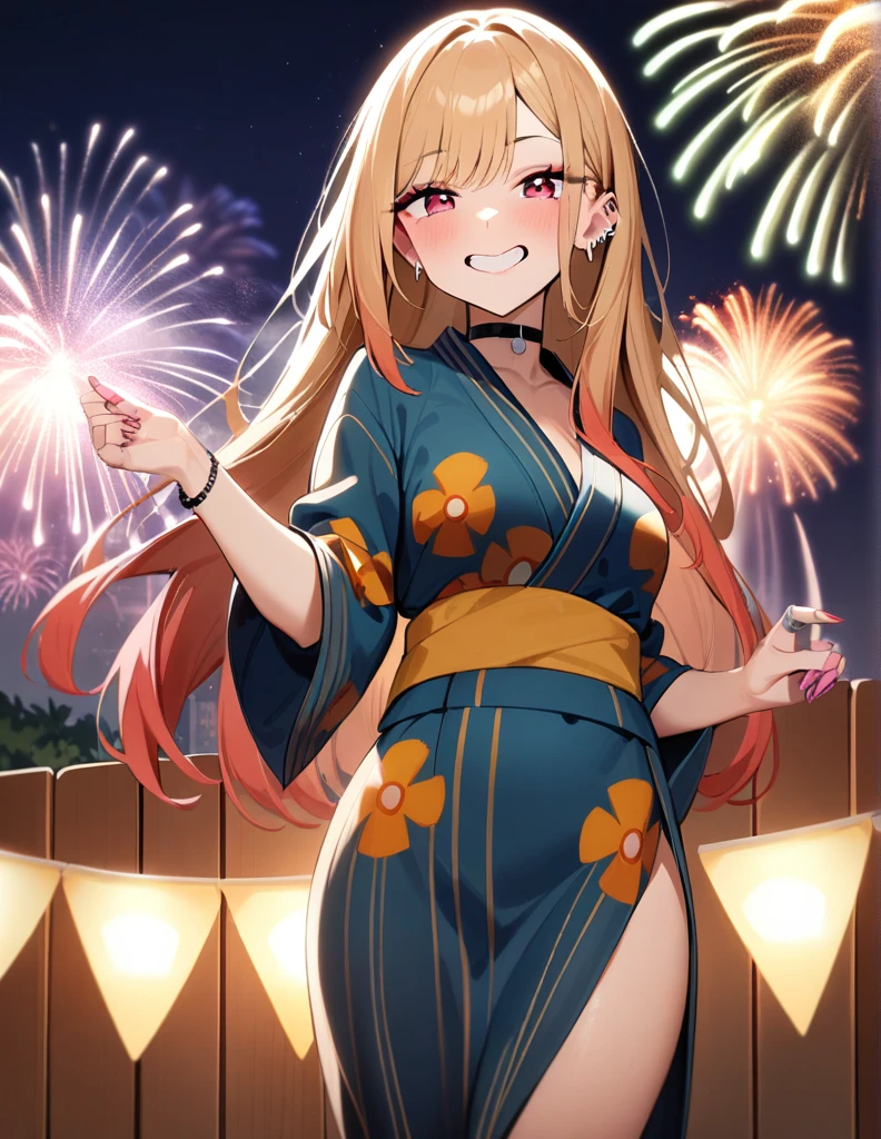 1girl, kitagawa marin, sono bisque doll wa koi wo suru, yukata, fireworks, festival , masterpiece, best quality, very aesthetic, absurdres, looking at viewer