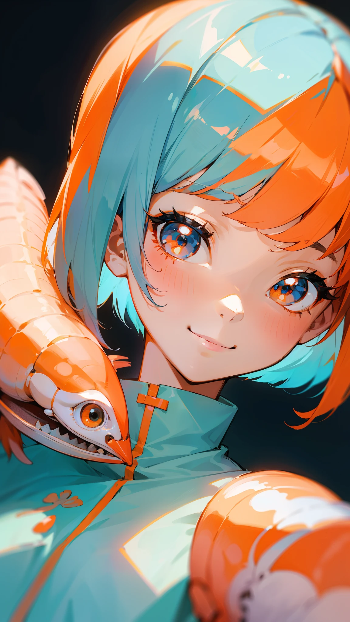 1 girl、Light blue hair、Bobcut、Orange hair ornament、Dark Eyes、smile、Upper body close-up、Side body、Phantom of the Shrimp