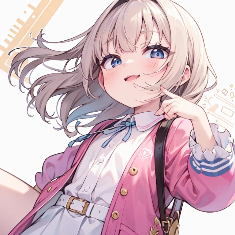 (Extremely detailed:1.3),(Highly detailed:1.2),(Best Quality:1.2),(masutepiece:1.2), (Solo), (1girl in),hight resolution、high-level image quality、masterpiece、hightquality,child's body,Beautiful lighting,Anime shading, mesugaki,Detailed background。Dutch Angle,Blue eyes, Measuring something with your finger. gesture of picking with fingers with fingers,pointing at viewer,Clothes for schoolchildren。