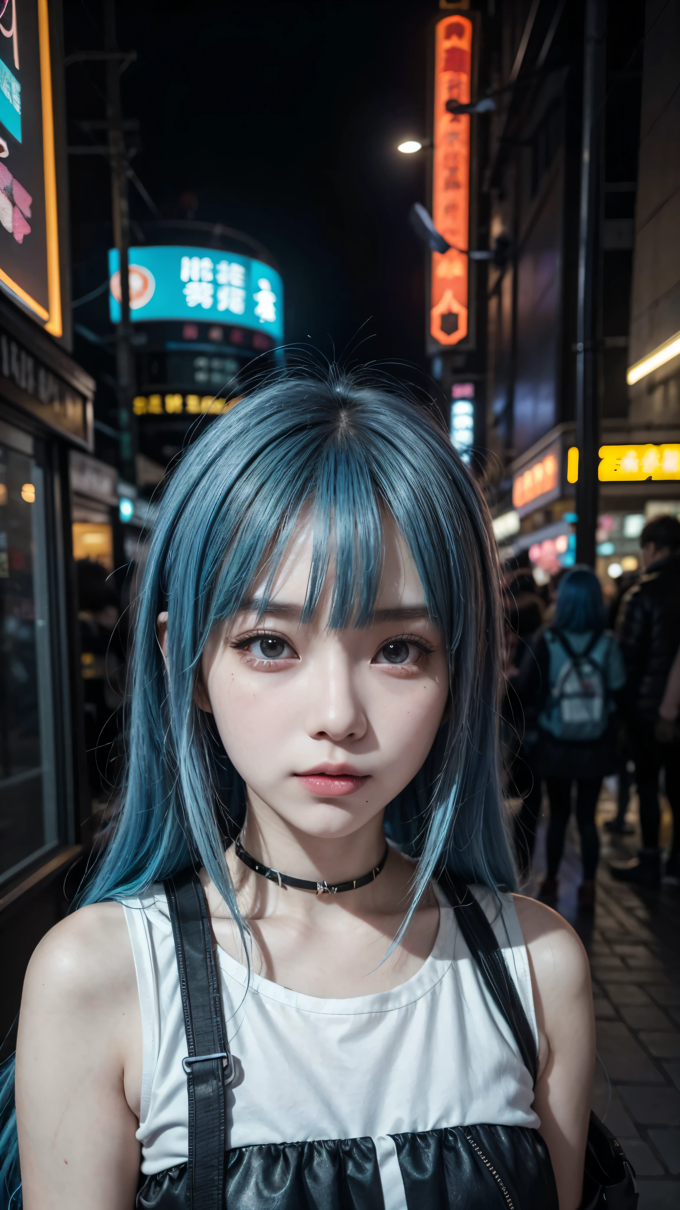 there is a woman with a blue hair and a white top, anime girl cosplay, inspired by Leng Mei, photo of slim girl model, anime girl in real life, seductive anime girl, cyberpunk 2 0 y. o model girl, chinese girl, female cyberpunk anime girl, photo of slim girl, beautiful cyberpunk woman model, anime cosplay, cosplay photo, cosplay