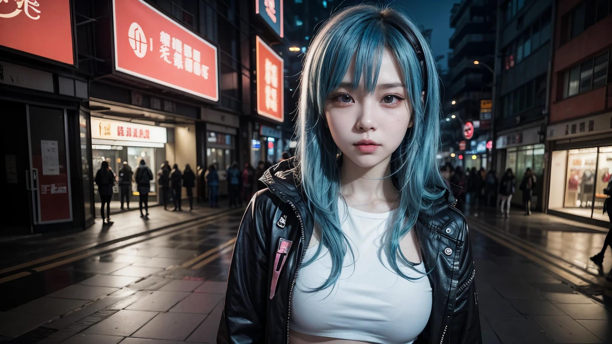 there is a woman with a blue hair and a white top, anime girl cosplay, inspired by Leng Mei, photo of slim girl model, anime girl in real life, seductive anime girl, cyberpunk 2 0 y. o model girl, chinese girl, female cyberpunk anime girl, photo of slim girl, beautiful cyberpunk woman model, anime cosplay, cosplay photo, cosplay