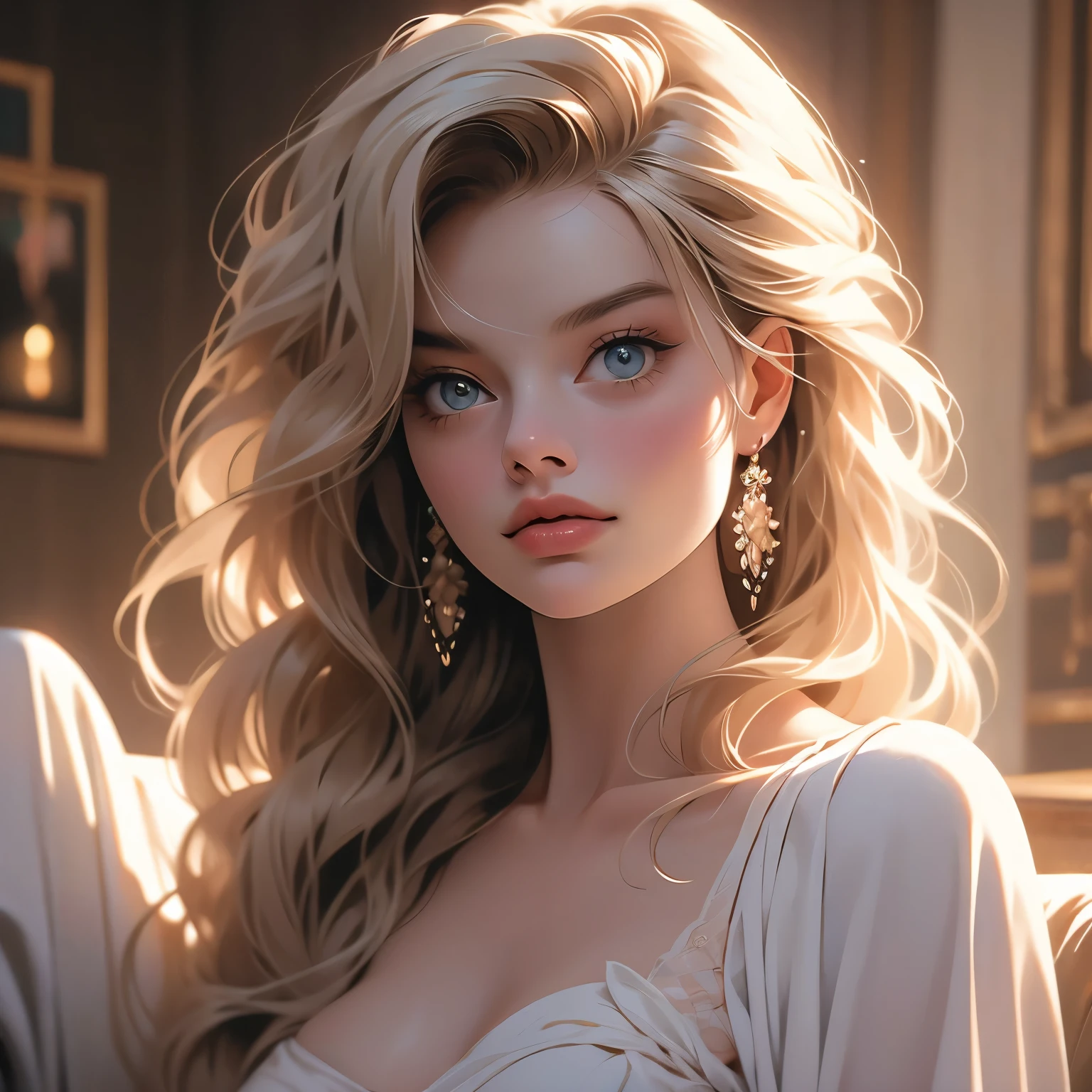 A woman in underwear with Margot Robbie's face, dancing,Wearing an orange bikini,highest quality, Very detailed, 1 girl,Redhead, Long braided hair, Golden Eyes, bangs, Naked Women,Very small pointed breasts, White bikini swimsuit, Looks lewd,, (bad: 1.2),Exposing breasts, Looking at the audience,Spread your legs, (Face to face: 1.3), (Dark Background, rock: 1.3), Full Shot, Crisp contrast, Beautiful fine details,,White panties,High heels,,,I can see your underwear,Sleeping in bed,