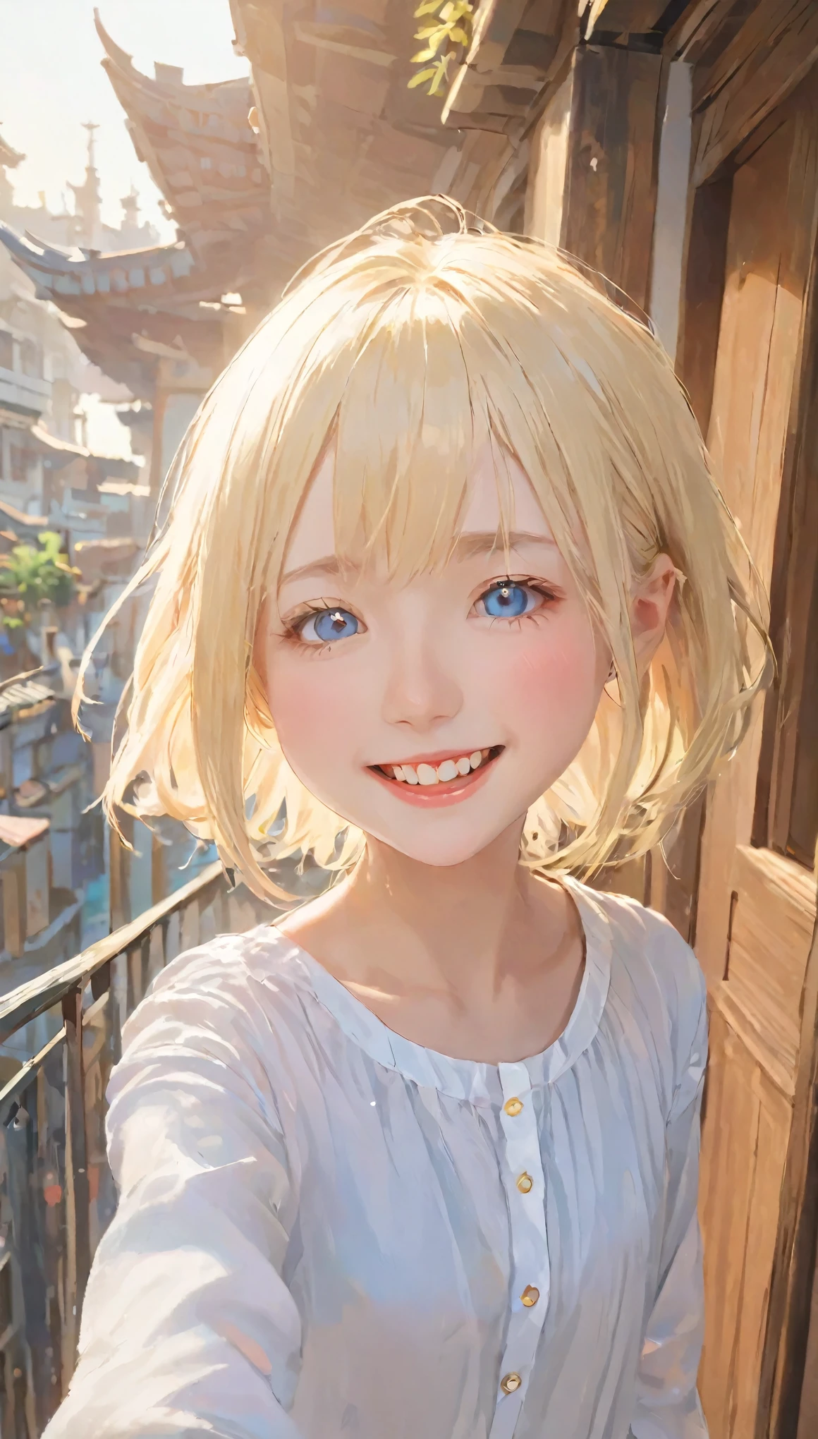 High resolutionCGを組み合わせた8K壁紙、High quality 8K CG wallpaper masterpiece、highest quality、High resolution、Very detailed、Ultra Sharp、Cinema Lighting、Anatomically correct、One Girl 、(Cute face、Detailed face、Young Face)、(Platinum Blonde Hair、Super Short Hair、Straight hair:1.4)、blue eyes、Red cheeks、(Flat Chest:1.4)、(Thin body:1.3)、thin、(smile:1.5)、(White shirt)、The girl is 10 years old..、balcony、happiness、(Upper body close-up:1.5)、Light of the sun、Hair swaying in the wind、