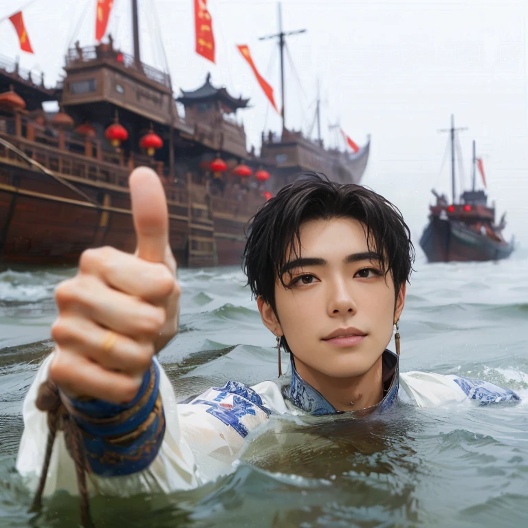 (Best Quality:1.2), (high resolution:1.2), (beautiful face and eye:1.5), (sharpest focus:1.2), (Ultra-realistic Photo:1.2), (Ultra-precise Photo:1.2), (Depth of field:1.2), (8k high resolution:1.2). (perfect anatomy:1.2),
(nice hands:1.5), (perfect hands:1.5), (One drowning Chinese man:1.2), (Very young and beautiful Chinese man:1.0), (Smiling thumbs up in a state of resignation:1.2), (Looking up angle:1.2),
(Chinese warrior in very light clothing, beaten up:1.0), (Majestic Chinese river:1.0), (Cynical smile:1.0), (Giant battleship:1.0), (Mars shining reddish-red in the night sky:1.2),