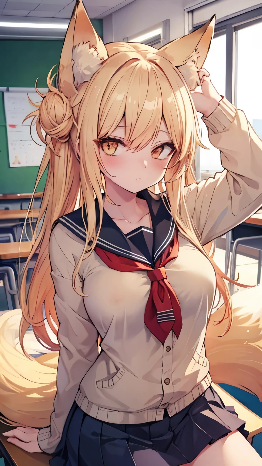 female up,classroom,on the desk,,Toned body,Blonde,Long Hair,Golden Eyes,,Fox ears,Fox tail,Large Breasts,uniform