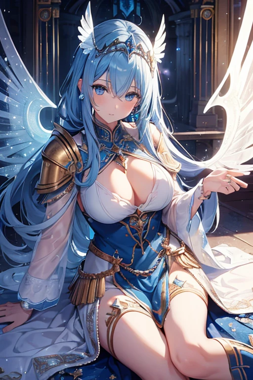 4K,High resolution,One Woman,Blue Hair,Long Ponytail,Valkyrie,Sacred armor made of crystal,jewelry decoration,Crystal decoration,Winged hat,Princess Tiara,Large white symmetrical angel wings,Inside a European castle,