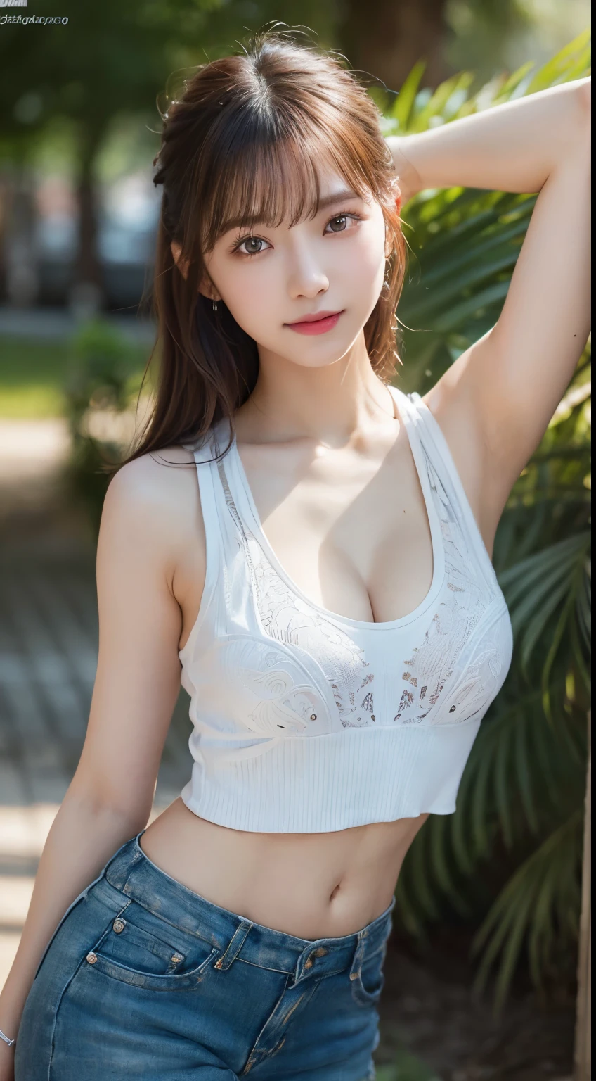 An innocent 20-year-old girl、((White tank top, Dramatic Pose)),smile,shortcut,natural Park、RAW Photos, (8k、highest quality、masterpiece:1.2)、(Intricate details:1.4)、(Photorealistic:1.4)、Octane Rendering、Complex 3D rendering with ultra-detail, Studio Soft Light, Rim Light, Vivid details, Super Detail, Realistic skin texture, Detailed aspect, Beautiful details in the eyes, Highly detailed CG Unity 16k wallpaper, compensate, (Detailed Background:1.2), Glowing Skin, whole body、Cleavage,((Standing with hands behind back、Leaning forward、Angle from above))