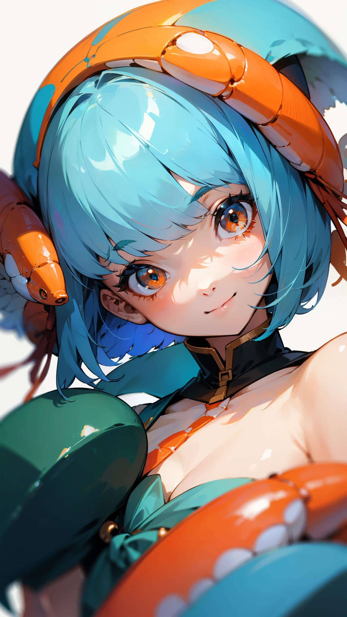 1 girl、Light blue hair、Bobcut、Orange hair ornament、Dark Eyes、smile、Upper body close-up、Side body、Phantom of the Shrimp