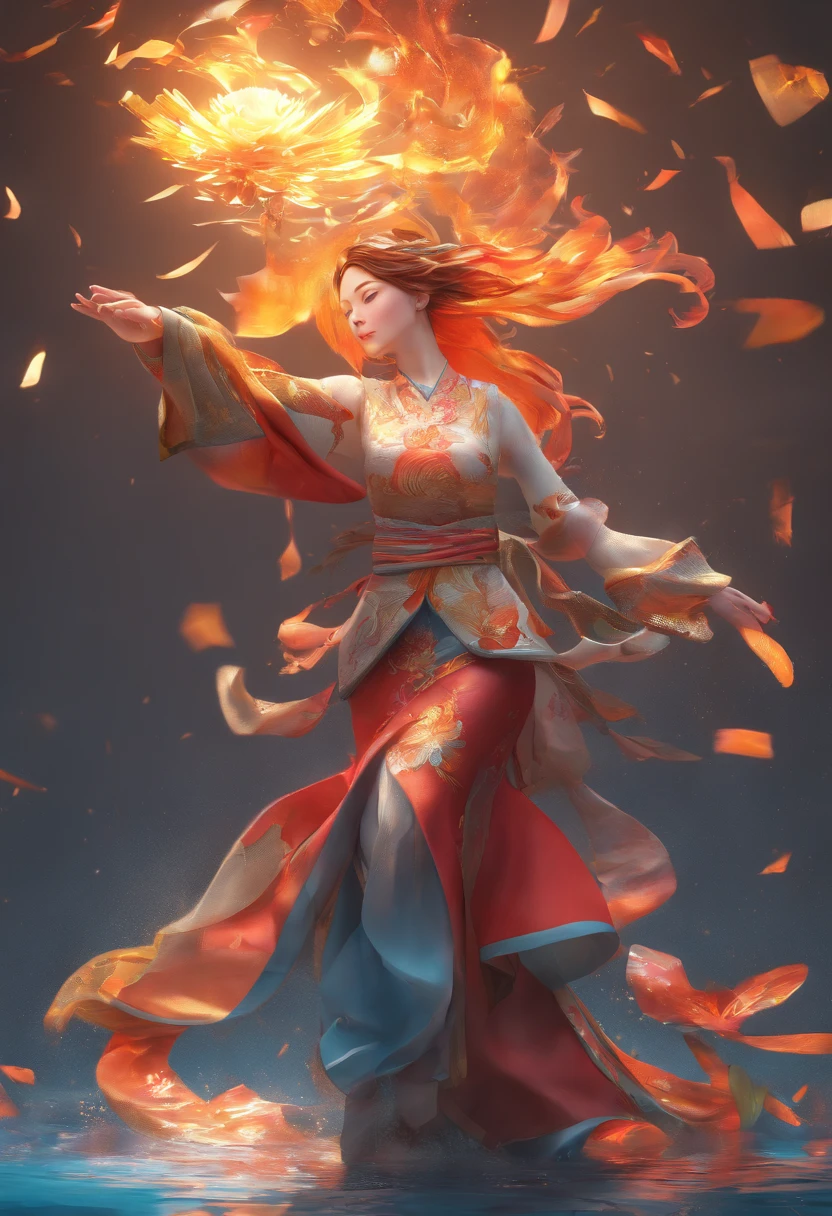 One female、Levitation、Spread your arms horizontally、Fire effect from both handy hair is messy and fluttering、Eyes Wide Open、Miko costume、Standing on the water、Wavy pattern