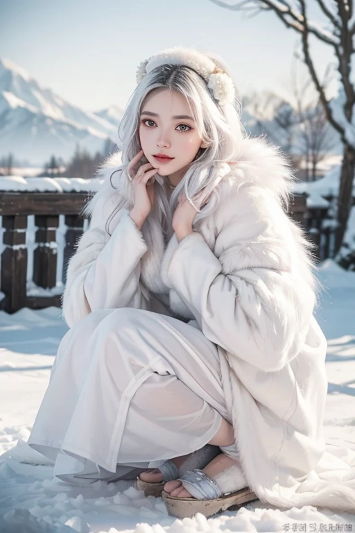 Wolf howls, white wolf beside,best quality, realistic, depth of field, natural lighting, daytime, alluring, beautiful face, clean, pure face, pale skin, cute, short white hair, snowing hard, snow mountain , modest breast, full body, ((fur ancient traditional eskimo costume ,beautfully face)),