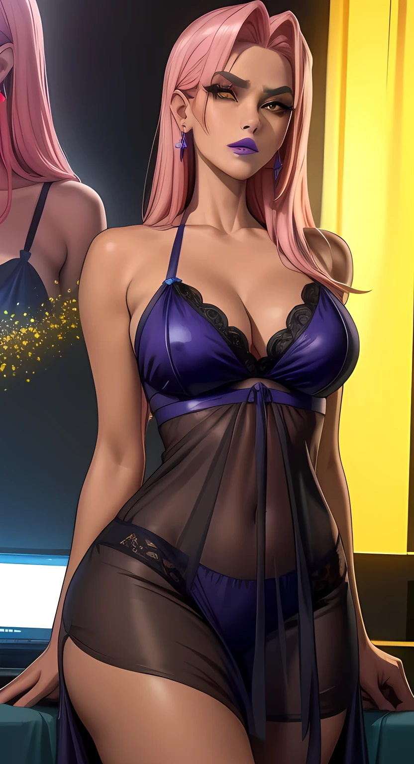 (masterpiece, highres, best quality:1.3), 8K, highly detailed, intricate, colorful, vibrant image, sharp focus, digital blending, 4K, trending on pixiv Ingrid, (negligee), solo, mature female, 40yo, milf, curvy, (dark skinned female:1.15), dark skin, posing, (caring look:1.2), looking at viewer, cowboy shot, pink hair, very long hair, forehead, hair intakes, purple lipstick, makeup, mole under mouth, yellow eyes, perfect eyes, perfect face, ultra detailed hair, ultra detailed face, earrings, ultra detailed lips, large breasts, ultra detailed lipstick,