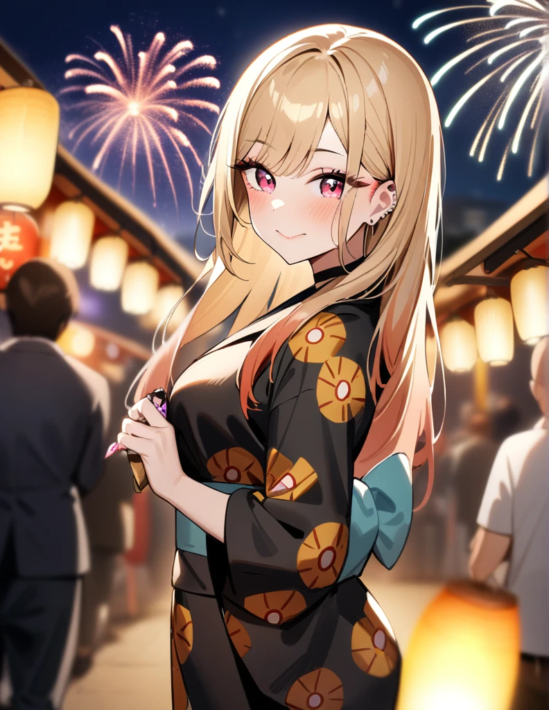 1girl, kitagawa marin, sono bisque doll wa koi wo suru, yukata, fireworks, festival, closed mouth, masterpiece, best quality, very aesthetic, absurdres, looking at viewer