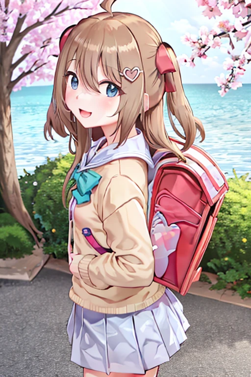 (masterpiece), (ultra-detailed), best quality, 8k, 1girl, neuro-sama, solo, looking at viewer, standing, looking at viewer, portrait, brown cardigan, bowtie, sailor collar, ahoge, cherry blossoms, blue eyes, sky, outdoors, smile, heart hair ornament, two side up, , blue skirt, white shirt, serafuku, wearing pink randoseru backpack, side view, (randoseru backpack:1.0)