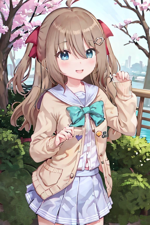 (masterpiece), (ultra-detailed), best quality, 8k, 1girl, neuro-sama, solo, looking at viewer, standing, looking at viewer, portrait, brown cardigan, bowtie, sailor collar, ahoge, cherry blossoms, blue eyes, sky, outdoors, smile, heart hair ornament, two side up, , blue skirt, white shirt, serafuku, wearing pink randoseru backpack, side view, (randoseru backpack:1.0)