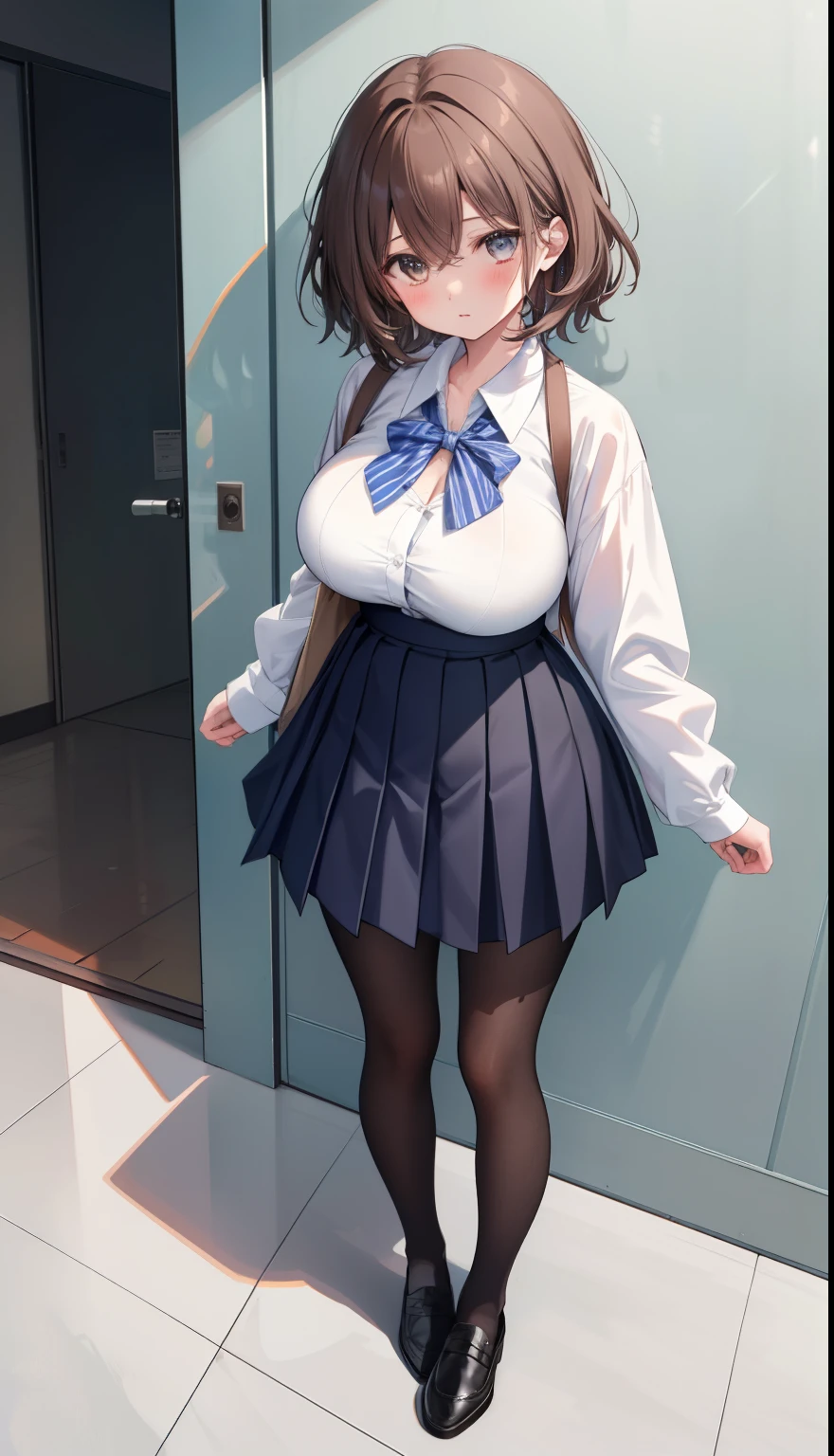 One Girl、Positive、From above、Full body portrait、Brown haired、Medium Haircut、blush、Absolute area、Knee socks、stockings、pantyhose、レースpantyhose、White underwear、Cleavage、Light blue cut shirt、Navy blue checkered pleated skirt、Very short skirt、Inside the school、Daytime、(Very big boobs)、((Full Body Lesbian))、masterpiece、(highest quality)、
Panties around the ankles、loafers