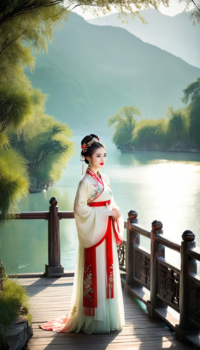 Oriental Beauty，photoPractical,Practical,masterpiece,best quality,4K,， A girl standing on the bridge near the lake, Wear new Chinese clothing that combines traditional Chinese Hanfu with modern clothing elements, Show unique oriental charm. Her clothes are mainly red and white, Exquisite embroidery and beading, Show the profound heritage of Chinese traditional culture. Her hairstyle is simple and elegant, Wear gorgeous hair accessories, Add a touch of color to the overall look. Her makeup is delicate and elegant, Highlight her natural beauty. Her eyes are bright and lively, As if telling her inner story. Her skin is fair and delicate, Glows with an attractive sheen. Her figure is elegant and dignified, Exudes nobility. She stood on the bridge by the lake, Behind me is the sparkling water and the mountains in the distance., formed a beautiful picture. the sun shines on her body, Chiaroscuro, Highlight her subject.

