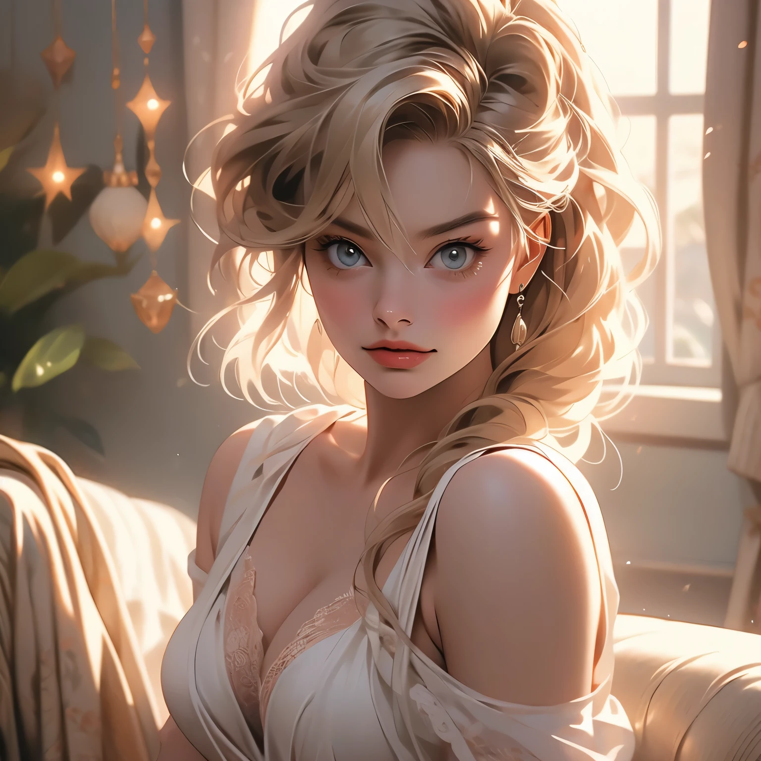 A woman in underwear with Margot Robbie's face, dancing,Wearing an orange bikini,highest quality, Very detailed, 1 girl,Redhead, Long braided hair, Golden Eyes, bangs, Naked Women,Very small pointed breasts, White bikini swimsuit, Looks lewd,, (bad: 1.2),Exposing breasts, Looking at the audience,Spread your legs, (Face to face: 1.3), (Dark Background, rock: 1.3), Full Shot, Crisp contrast, Beautiful fine details,,White panties,High heels,,,I can see your underwear,Sleeping in bed,