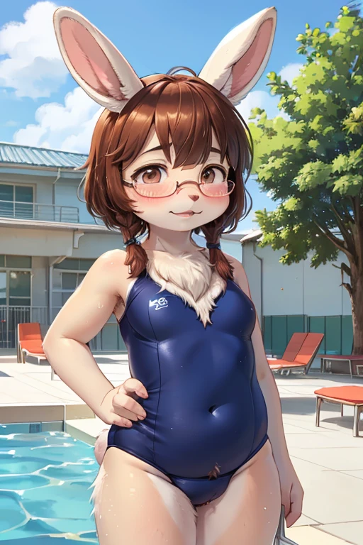 dynamic angle , focus face , hairy bunny Short stature girl , (realistic hairy bunny fur:1.4) , round Mumps face , (tilt face:1.2) , half-open eyes , Unsophisticated geek , round eyes , Swollen cheeks , shy , glossy lips , eyewear , in the school , on the pool side , traditional school swim suit